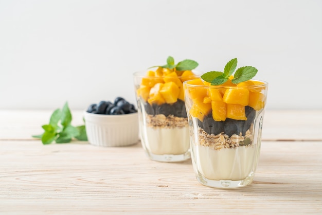 mango fresco casero y arándanos frescos con yogur y granola. estilo de comida saludable