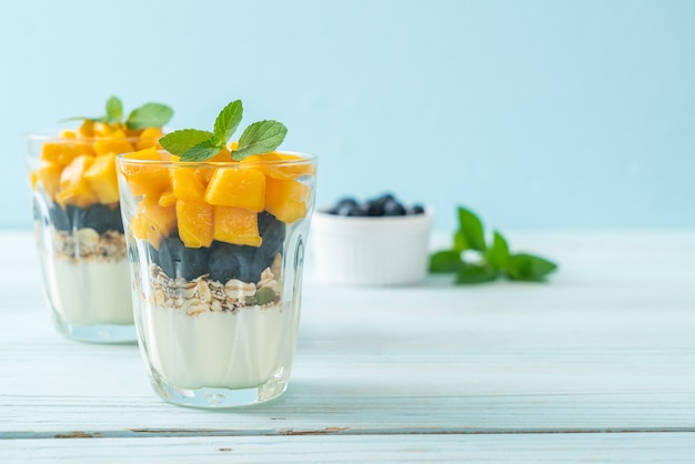 mango fresco casero y arándanos frescos con yogur y granola - estilo de comida saludable