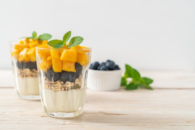 mango fresco casero y arándanos frescos con yogur y granola - estilo de comida saludable