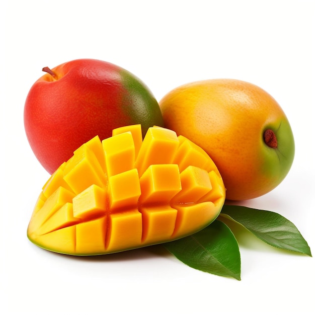 Mango fresco Fruta de mango con cubos de mango y hojas aisladas en un fondo blanco