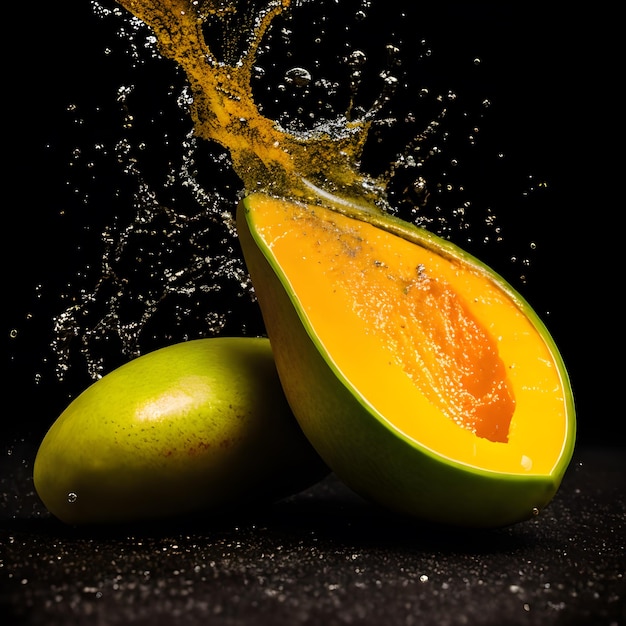 Mango increíble con salpicaduras de agua y gotas ai generativo aislado