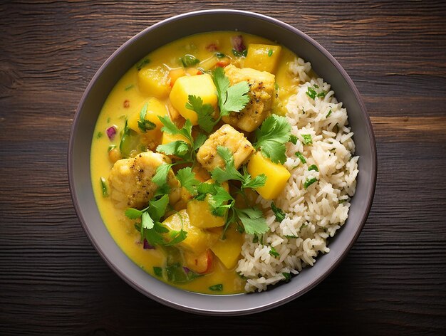 Mango-Kokosfisch-Curry mit braunem Reis 43 Aspektverhältnis Präsentation