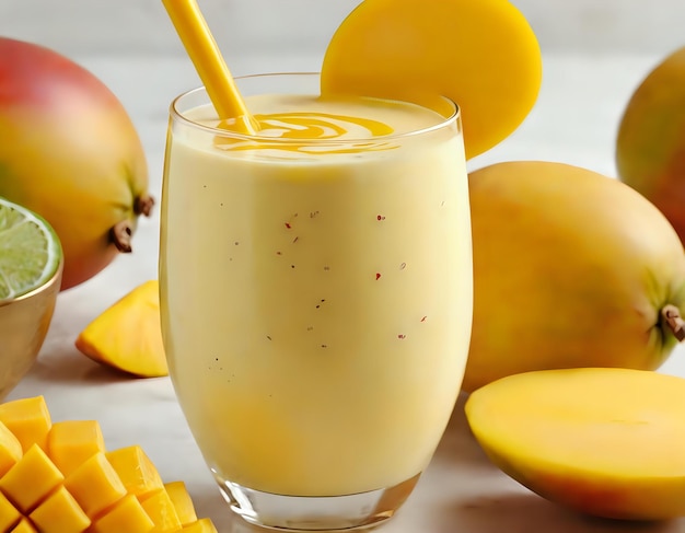 Mango lassi girando en un vaso una refrescante explosión de dulzura