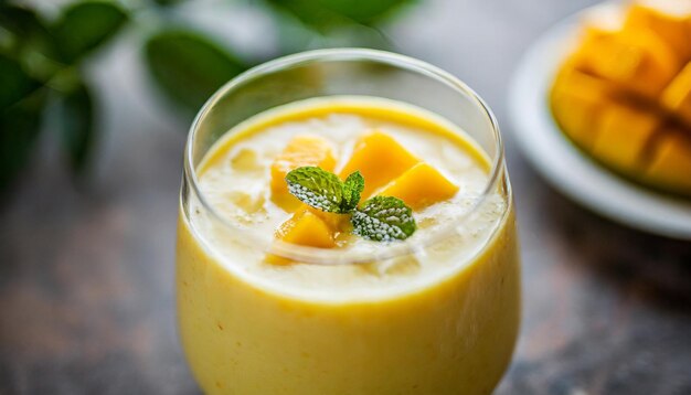 mango lassi en una mesa rústica con tonos amarillos vibrantes adornados con hojas de menta
