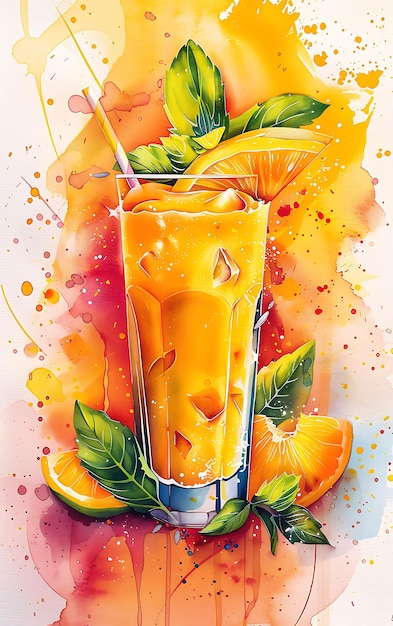 Mango Lassi Poster de bebidas con rebanadas de mango y yogur Ilustración tropical Alimentos Bebidas Sabores indios