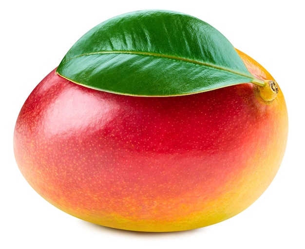 Mango lokalisiert auf weißem Hintergrund. Reife Mango Clipping Path. Mango mit Blatt