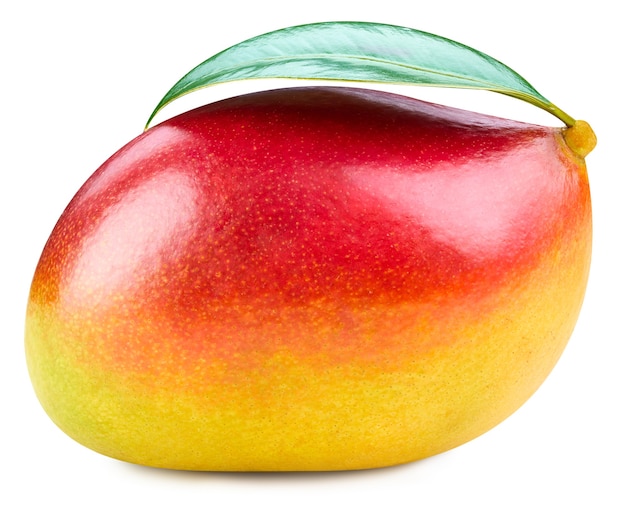 Mango lokalisiert auf weißem Hintergrund. Reife Mango Clipping Path. Mango mit Blatt