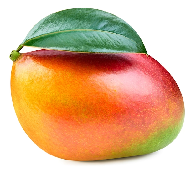 Mango lokalisiert auf weißem Hintergrund. Reife Mango Clipping Path. Mango mit Blatt