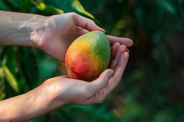 Foto mango maduro fruta fresca deliciosa em um fundo isolado em mãos produto dietético saudável