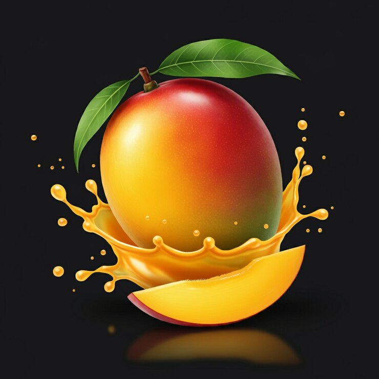 Un mango maduro con hojas y un poco de jugo sobre un fondo negro