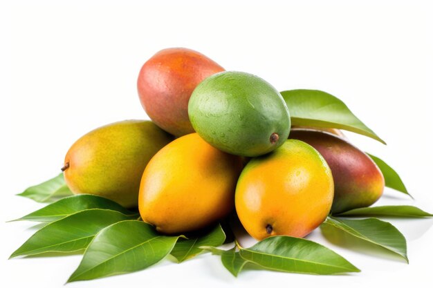 Mango mit grünem Blatt isoliert auf weißem Hintergrund