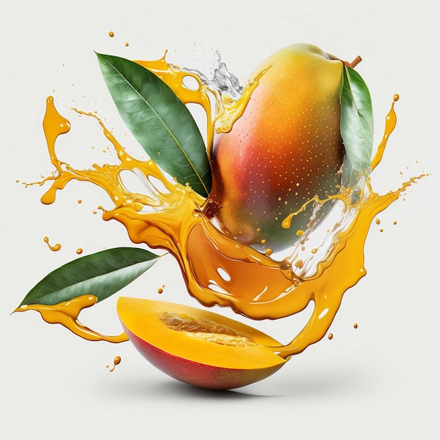 Mango mit Mangosaftspritzen auf weißem Hintergrund