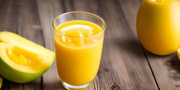 Mango-Saft-Glas auf dem Holztisch mit Bokeh-Lichtern Hintergrund mit Kopierraum