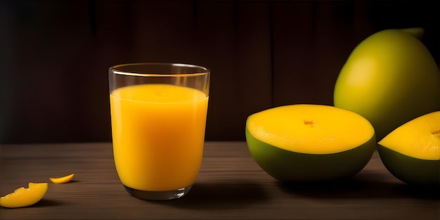 Mango-Saft in einem Glas auf einem Holztisch Bokeh-Lichter schwarzer Hintergrund