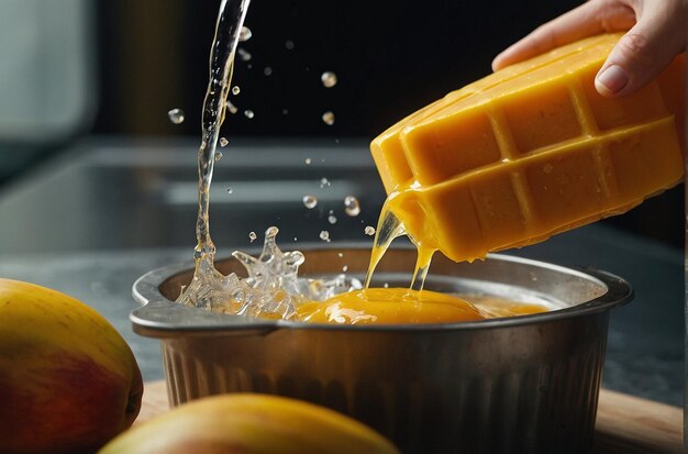 Mango-Saft wird in ein Eiscreme gegossen