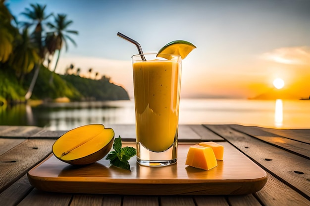 Mango-Smoothie auf einem Holztablett mit Strohhalm und ein Glas Mango-Smoothie auf einem Tisch