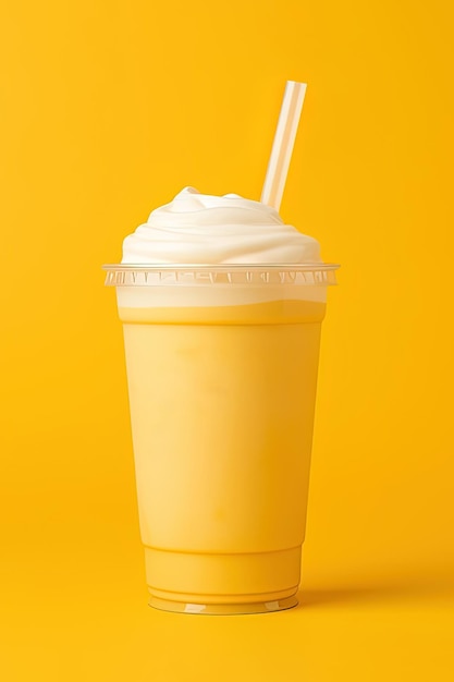 Mango-Smoothie-Milchshake im Plastikbecher zum Mitnehmen, isoliert auf gelbem Hintergrund