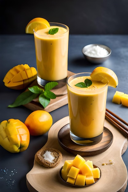 Mango-Smoothie mit einer Zitrone obendrauf