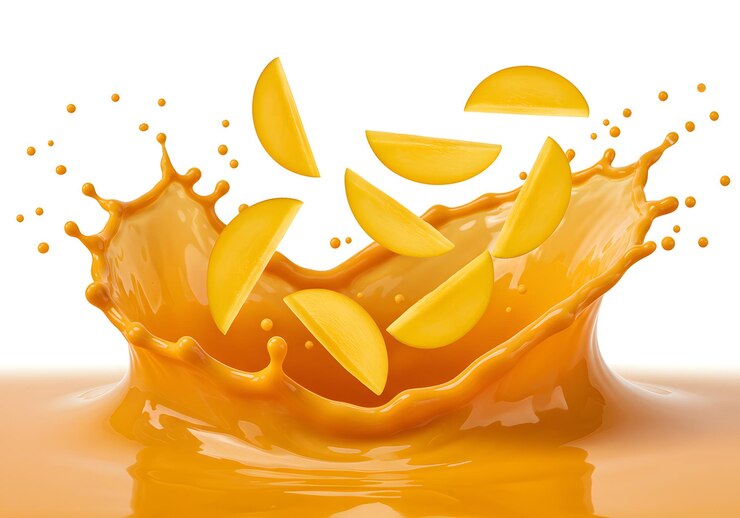 Mango Splash con rebanadas volando en el aire aisladas en fondo blanco
