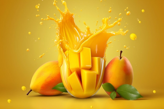 Foto mango suculento com salpicaduras de suco de fundo generative ai