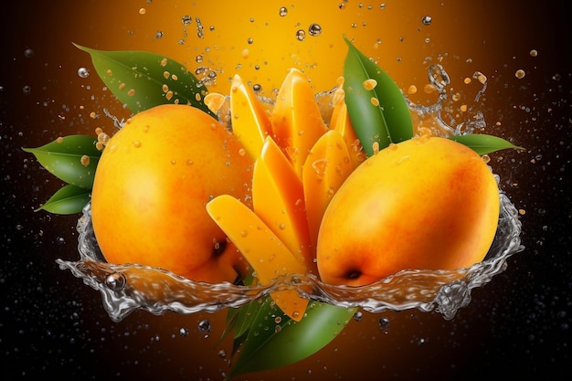 Foto mango suculento com salpicaduras de suco de fundo generative ai