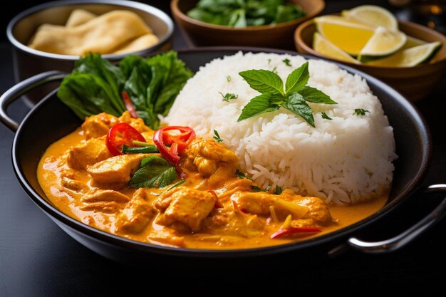 Mango- und Hühnercurry mit gedämpftem Reis