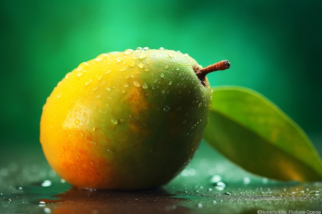 Un mango verde con gotas de agua