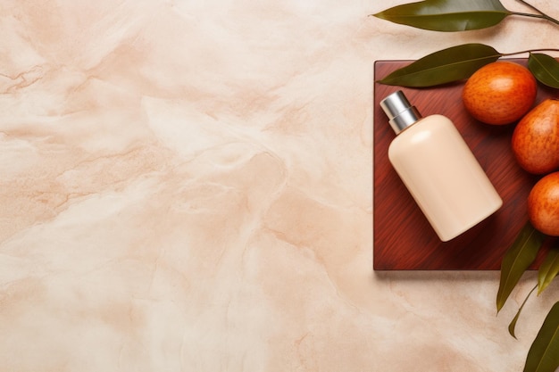 Mangoholz-Podium enthüllt eine atemberaubende Flat-Lay-Präsentation von Beauty-Hautpflege-Kosmetikprodukten o