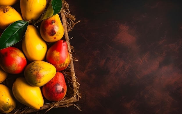 Mangos en una canasta sobre un fondo oscuro