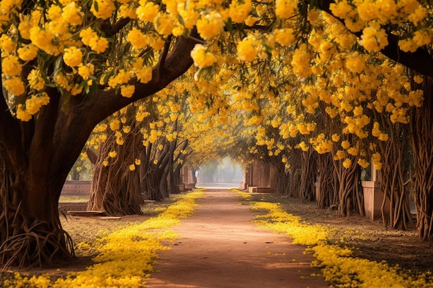 Los mangos en flor con flores amarillas vibrantes