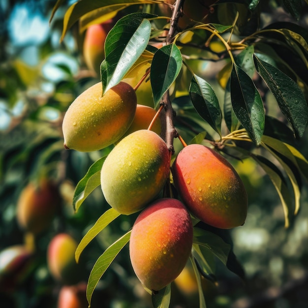 Mangos frescos na floresta Mango orgânico Luz solar à noite Natureza na estação de verão