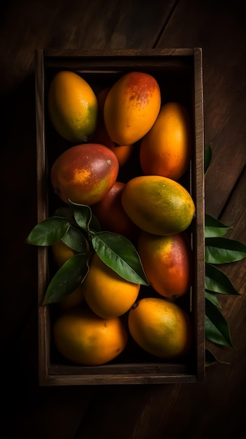 Mangos in einer Holzkiste auf dunklem Hintergrund