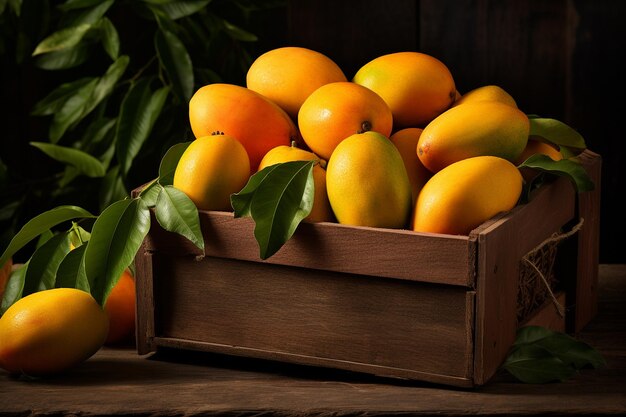 Mangos inteiros dispostos em uma caixa ou cesta de madeira rústica