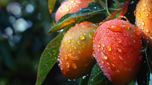 Los mangos maduros cubiertos de gotas de lluvia sus pieles doradas brillando en la luz del sol ofreciendo un sabor de paraíso tropical con cada bocado