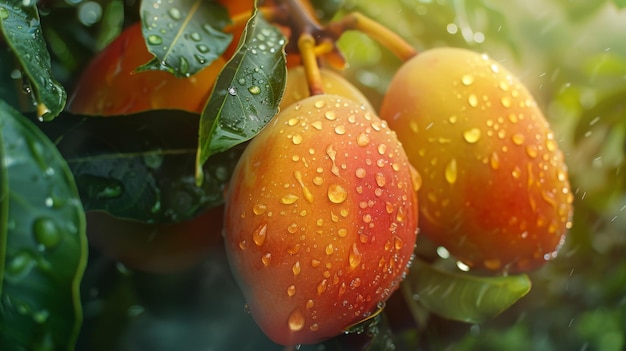 Los mangos maduros cubiertos de gotas de lluvia sus pieles doradas brillando en la luz del sol ofreciendo un sabor de paraíso tropical con cada bocado