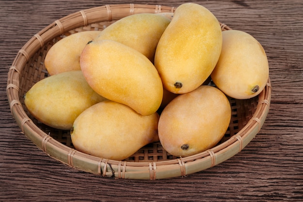 Mangos maduros dorados en cesta en venta