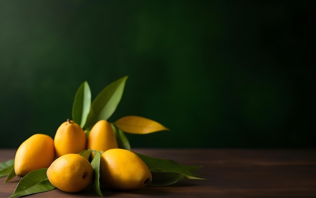 Mangos en una mesa de madera con hojas verdes