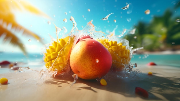 Foto mangos en salpicaduras de agua en verano en el océano con fondo de cielo azul y generado por ia