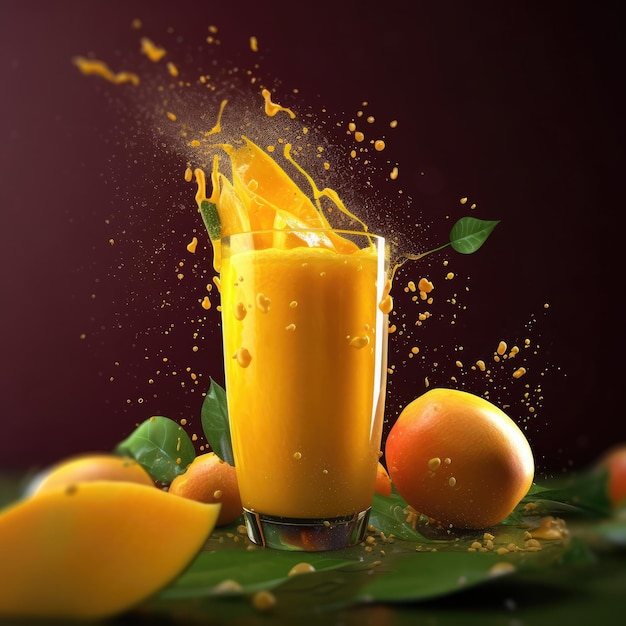 Mangosaft mit Spritzern mit Mangofrüchten im Studio-Hintergrundrestaurant mit Garten