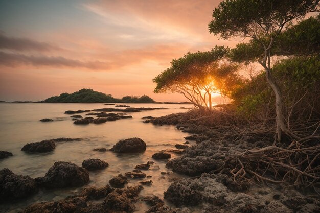 Mangrovenbäume und Korallen am Strand von Tanjung Pinggir auf der Insel Batam bei Sonnenuntergang