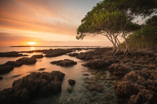 Mangrovenbäume und Korallen am Strand von Tanjung Pinggir auf der Insel Batam bei Sonnenuntergang