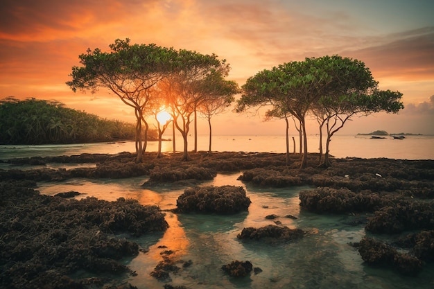 Mangrovenbäume und Korallen am Strand von Tanjung Pinggir auf der Insel Batam bei Sonnenuntergang