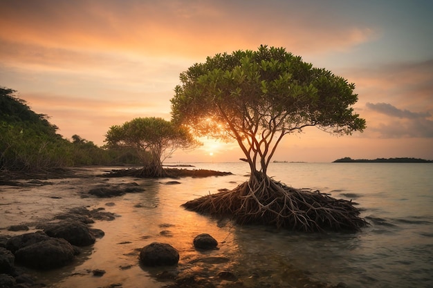 Mangrovenbäume und Korallen am Strand von Tanjung Pinggir auf der Insel Batam bei Sonnenuntergang