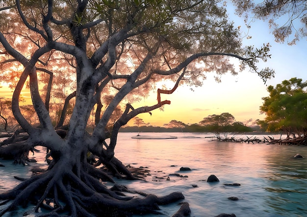 Mangrovenbäume und Korallen am Strand von Tanjung Pinggir auf der Insel Batam bei Sonnenuntergang