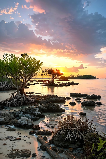 Mangrovenbäume und Korallen am Strand von Tanjung Pinggir auf der Insel Batam bei Sonnenuntergang