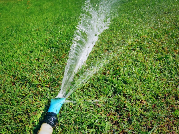 Manguera de agua de primer plano rociando agua en campo de hierba verde