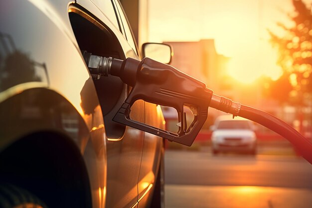 Manguera llenando el tanque de gasolina de un automóvil en una estación