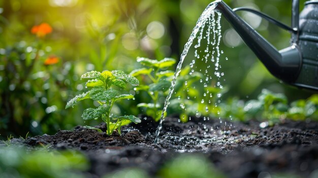 Foto una manguera de riego rociando agua en una planta