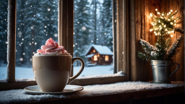 Manhã aconchegante de inverno com chocolate quente