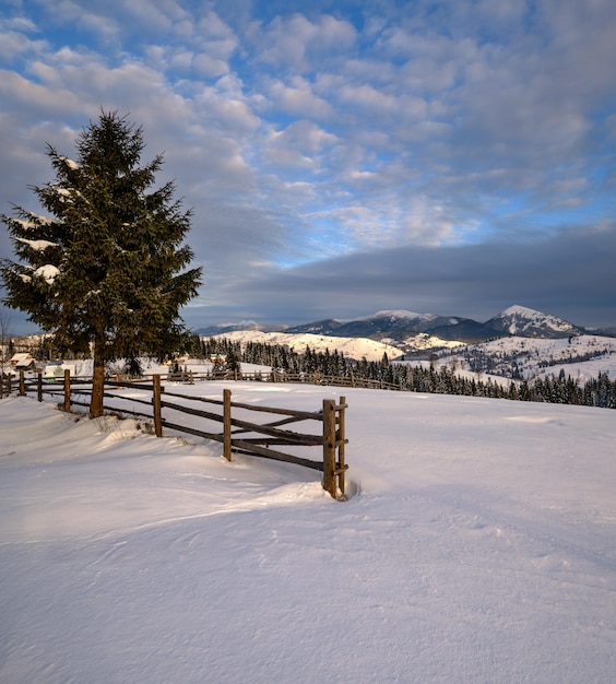 Manhã campo colinas bosques e fazendas na remota aldeia de montanha alpina de inverno